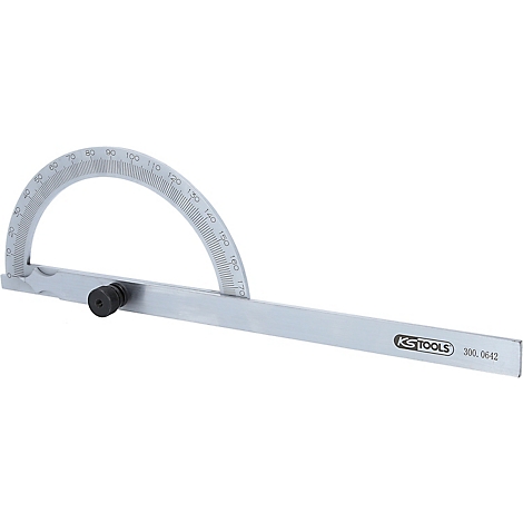 Winkelmesser aus Metall. Halbkreis mit Skala und geradem Arm, an dem sich eine Feststellschraube befindet. KS Tools Logo.